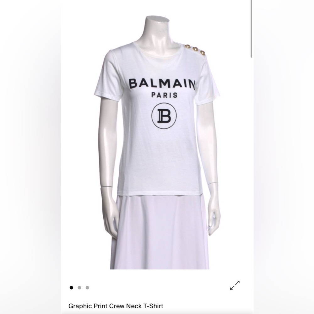 Balmain White Cotton Logo Crewneck Tee with Gold Shoulder Buttons